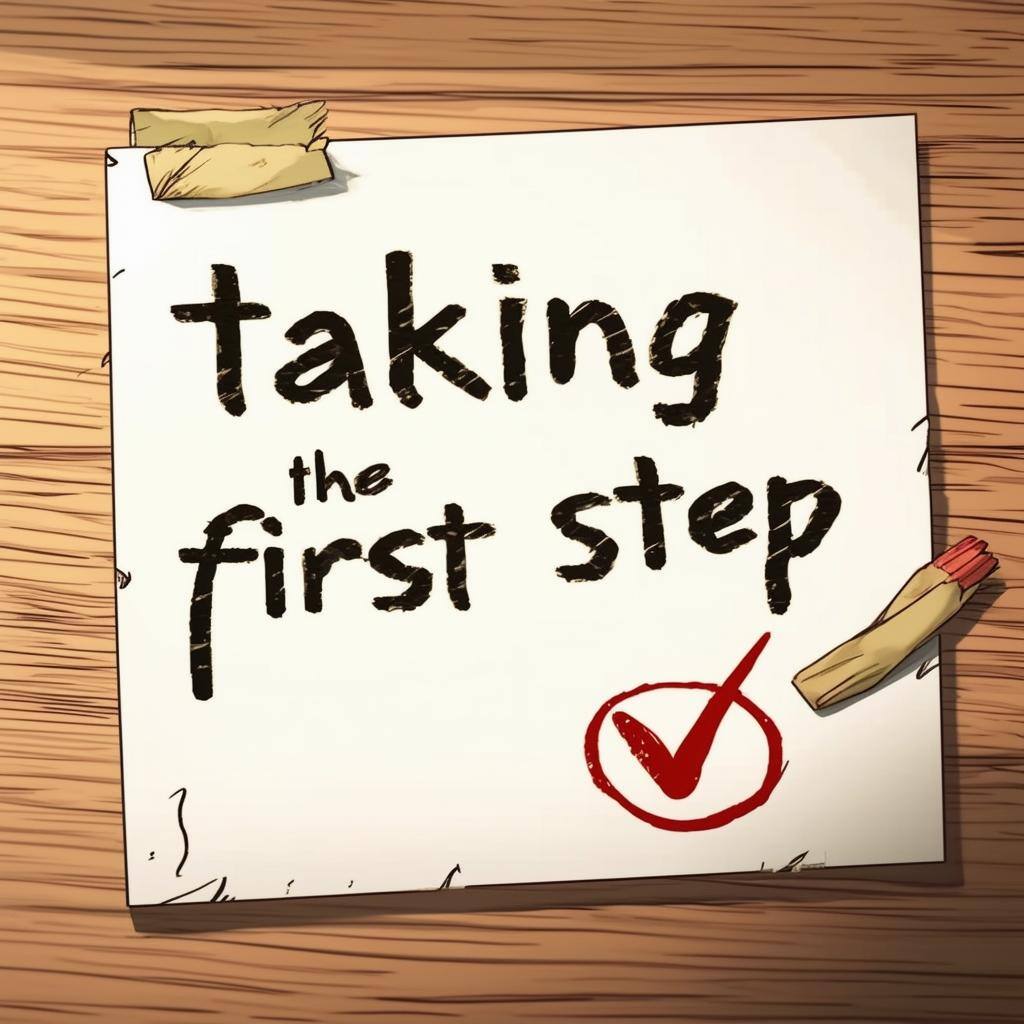 a piece of paper with writing that said taking the first step and a check mark next to it