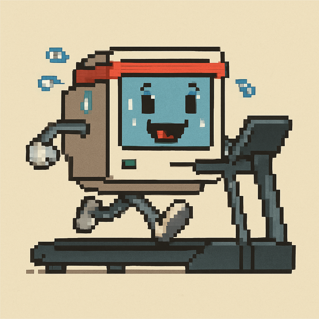 pixelart a computer sweating and running on a treadmill while smiling