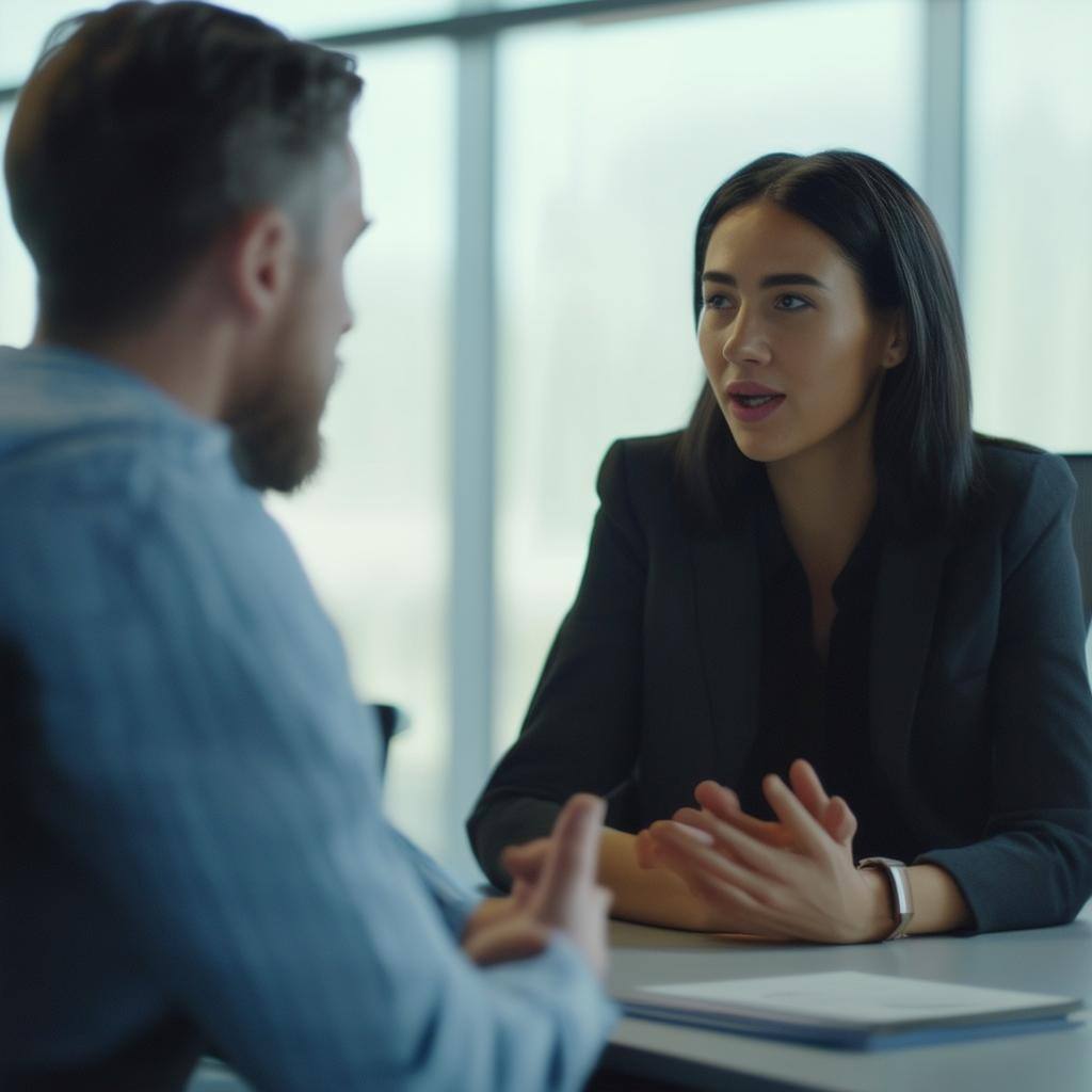 a man and woman having a one on one conversation in a office setting talking about Microsoft copilot
