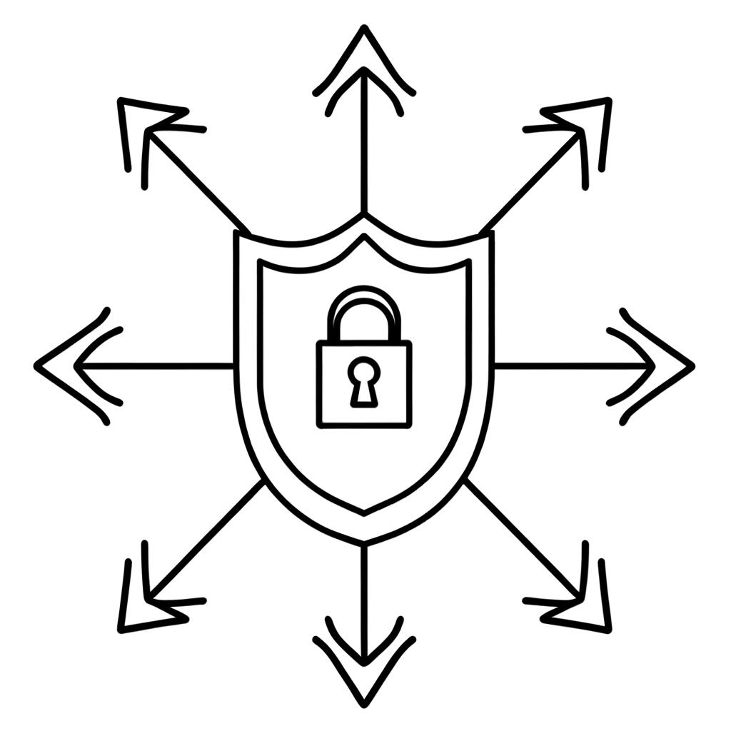 line art of arrows pointing to a shield with a lock on it