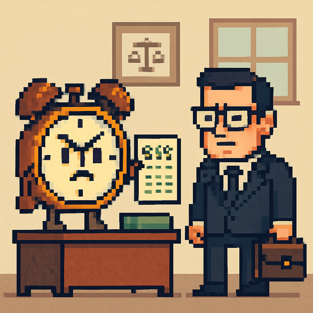 pixelart a clock billing a lawyer with no words in the image
